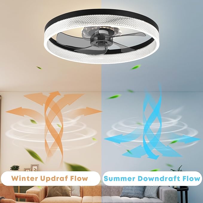 20‘’ Ceiling Fan with Light, Upgraded Low Profile Fan, Flush Mount Ceiling Fan, 6 Speeds, Dimmable LED, App & Remote Control, Quiet DC Motor, for Bedroom, Living Room, F093 Black-D