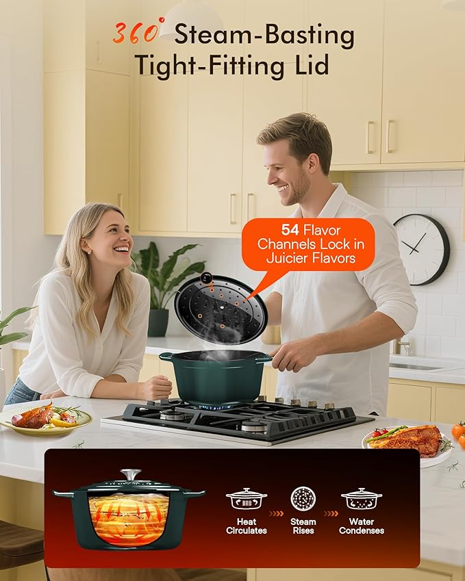 Nuwave 6QT Healthy Enameled Cast Iron Dutch Oven Pot with Lid, Heavy Duty 7-Layer Enamel, Enhanced Rust Protection, Dual Handles, Oven Safe to 500°F for Sourdough Bread Baking, Braise, Stew, Roast