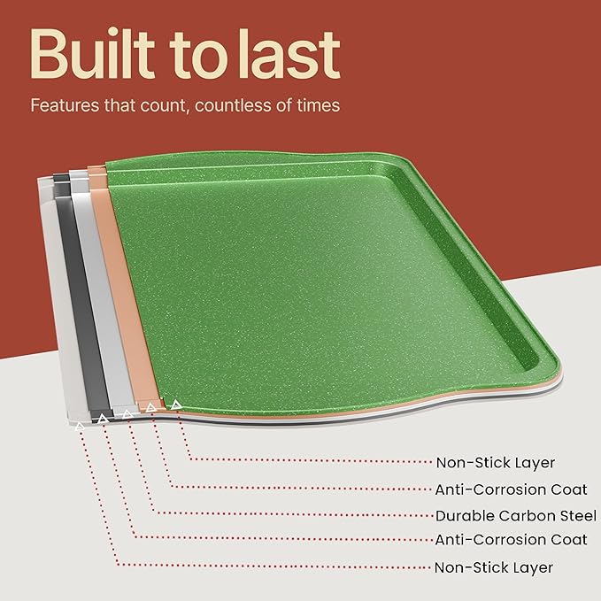 BAKKEN Kitchen Baking Pan Set - Nonstick Green Marble Coating, Carbon Steel Bakeware Sets with Green Silicone Handles, Kitchen Essentials, PFOA, PFOS, PTFE Free, Oven Safe (Up To 450° F), Set of 8