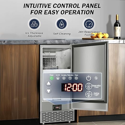 Under Counter Ice Maker Machine - 120 LBS/Day, Built in/Freestanding Placed, Auto-Cleaning,Reversible Door, Built 25LBS Ice Storage, Stainless Steel Ice Machine for Home & Commerial Outdoor Use