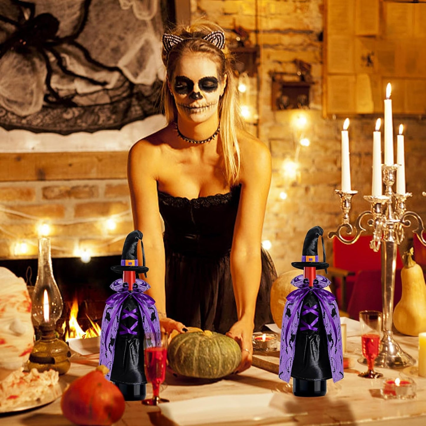 LOMIMOS Witch Halloween Wine Bottle Cover,Non-Fabric Ideal Gift for Hostess Best Party Table Decor (2PCS)