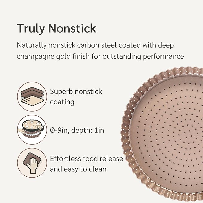 HAPPIELS Non-Toxic Nonstick 9-inch Tart Pan with Removable Bottom Perforated | Round Gold Quiche Pan