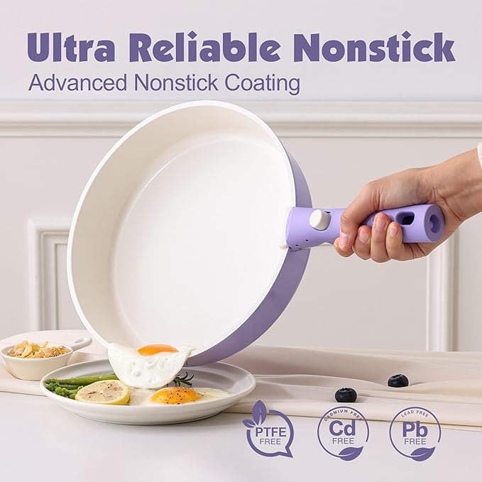 SENSARTE 17 Piece Ceramic Pots and Pans Set, Nonstick Detachable Handle Cookware, Induction Kitchen Cookware Set with Removable Handle, Dishwasher ＆ Oven Safe (Purple)