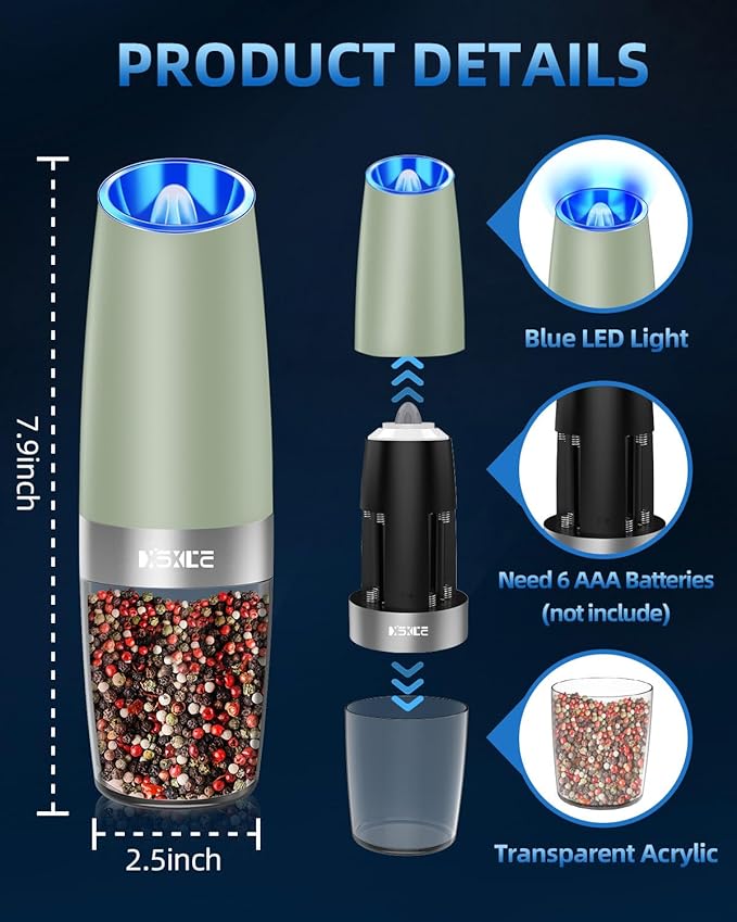 Gravity Electric Pepper and Salt Grinder Set, Adjustable Coarseness,with LED Light, One Hand Automatic Operation (Set/Light Green)