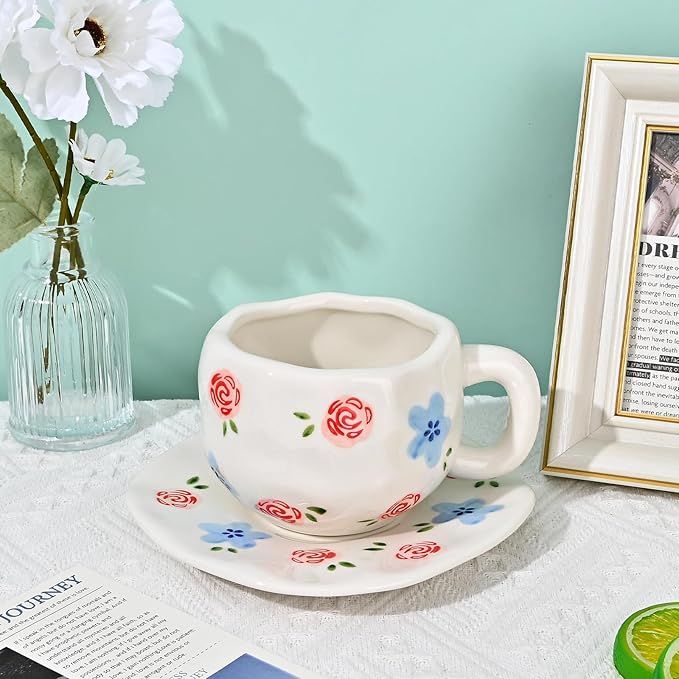 Koythin Ceramic Coffee Mug with Saucer Set, Cute Creative Red Rose Cup Unique Irregular Design for Office and Home, 10 oz/300 ml for Latte Tea Milk
