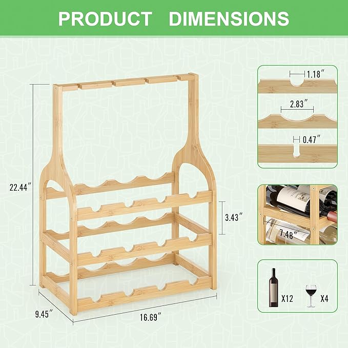 Wine Rack Countertop for 12 Wine Bottles and 4 Glass Holder, Small Bamboo Free Standing Racks Tabletop Display, Wooden Wine Storage Organizer for Cabinet Pantry Kitchen Bar Home Dining Room (Natural)