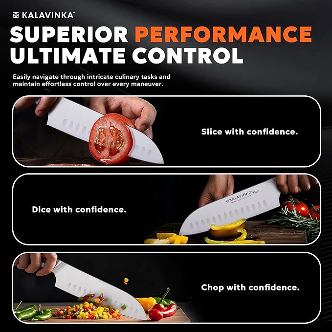 7" Professional Santoku Knife, Ultra Sharp German Steel Blade, Balanced Grip, Ideal for Chopping and Mincing, Gifted Sheath, Great for Cookouts (VENDANA)