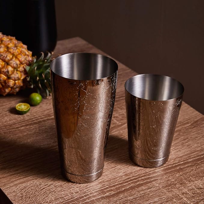 SKY FISH Bartender Kit Cocktail Shaker Set-7 Pieces Stainless Steel Black Plated Etching Bar Tools with Boston Shaker Tins,Mixing Spoon,Mojito Muddler,Japanese Double Jigger,Hawthorne Strainer