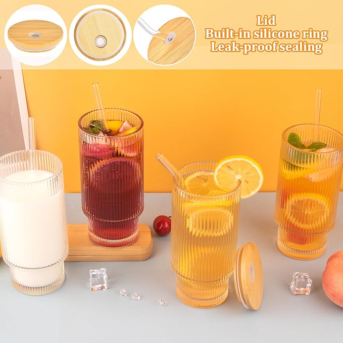 8 Pcs 11oz Ribbed Glass Cups With Bamboo Lids, Stackable, Vintage, Suitable for Coffee, Juice, Cocktails, Beer