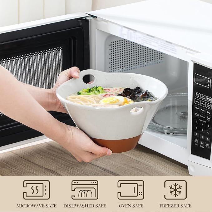 MALACASA 42 oz Ceramic Ramen Bowl Set with Wooden Spoon & Chopsticks, Japanese Style Soup Bowls for Ramen, Pho, Noodles – Set of 2, Microwave & Dishwasher Safe, Series TARA (Gray and Khaki)