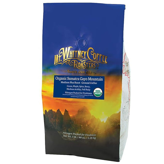 Mt. Whitney Organic Gayo Mountain Sumatra, Medium Dark Roast, Low Acid Coffee (Ground, 5 Lb)