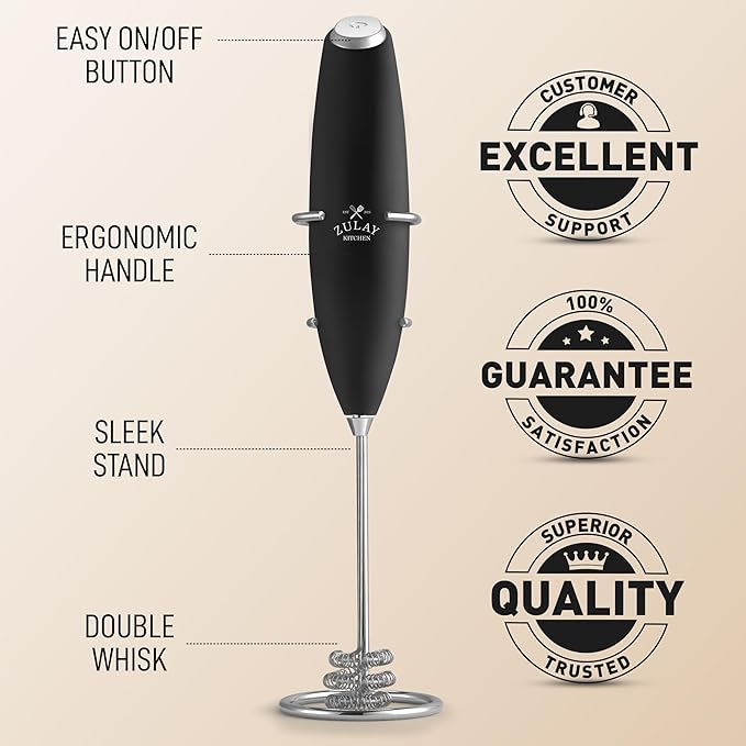 Zulay Kitchen Patented Tornado Triple Whisk Milk Frother with 2 Duracell Batteries – Handheld Foam Maker for Coffee, Lattes, Matcha & Hot Chocolate – Rich, Creamy Froth in Seconds