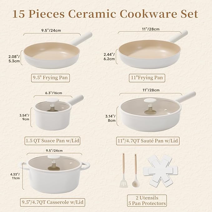 JEETEE Ceramic Cookware Set, 15 PCS Pots and Pans Set Non Stick with Removable Handles, Non Toxic Induction Kitchen Cookware Sets, Oven Safe PFAS/PTFE/PFOA Free Cream