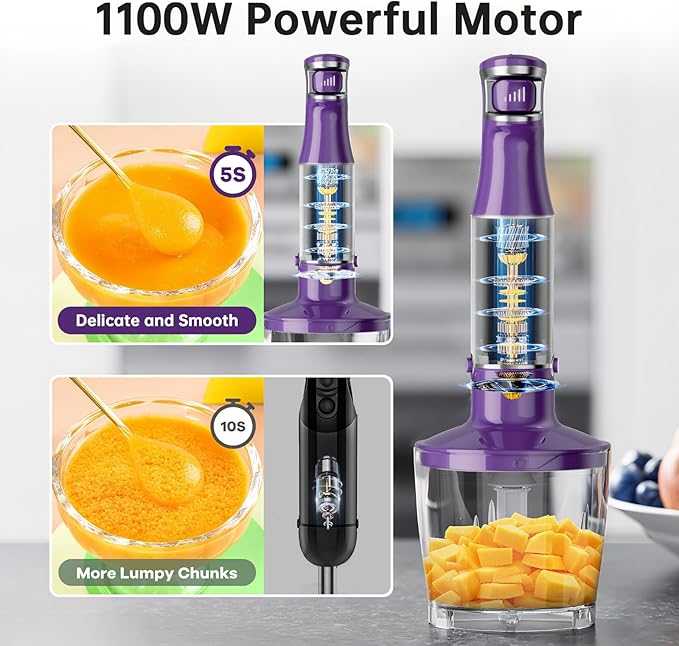 Immersion Blender Handheld Corded Hand Blenders Set 1100W, Trigger Variable Speed 5 in 1 Stick Emulsifier with Chopper, Whisk and Frother for Soup, Baby Food and Smoothies, Purple