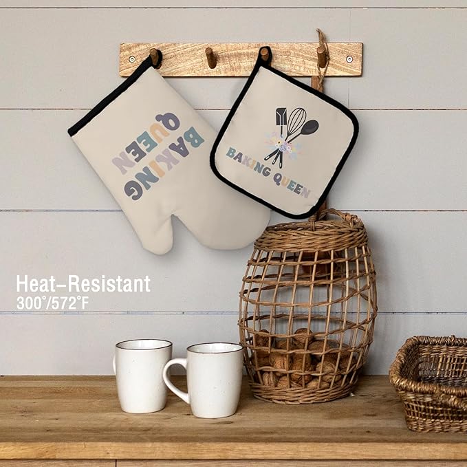 Baking Queen Oven Mitts and Pot Holders Sets, Baker Mittens, Gifts for Women, Beige Floral Kitchen Decor, Lover Gloves