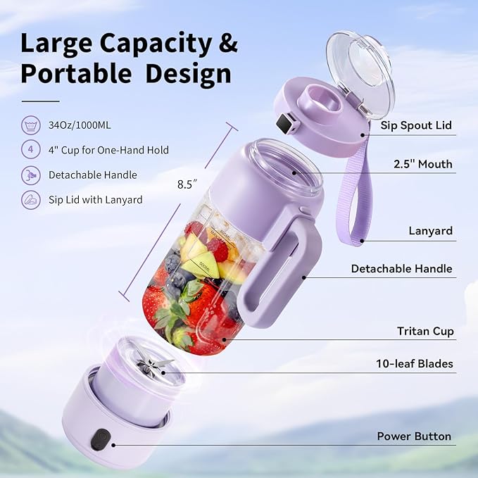 Portable Blender for Smoothies, 34oz Personal Size Mini Small Protein Shake Smoothie Blender, Cordless & BPA Free with Leakproof Lanyard Sip Lid (Purple)