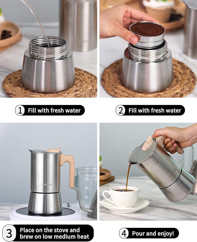 Sivaphe Stovetop Espresso Maker Stainless-Steel 3.5 oz, 1-2 Cup Coffee Maker Induction Moka Pot, 100ml Moka Campaing Coffee Pot, Induction Italian Mocha Pot with Step-by-step Instructions(1 Cup=50ml)