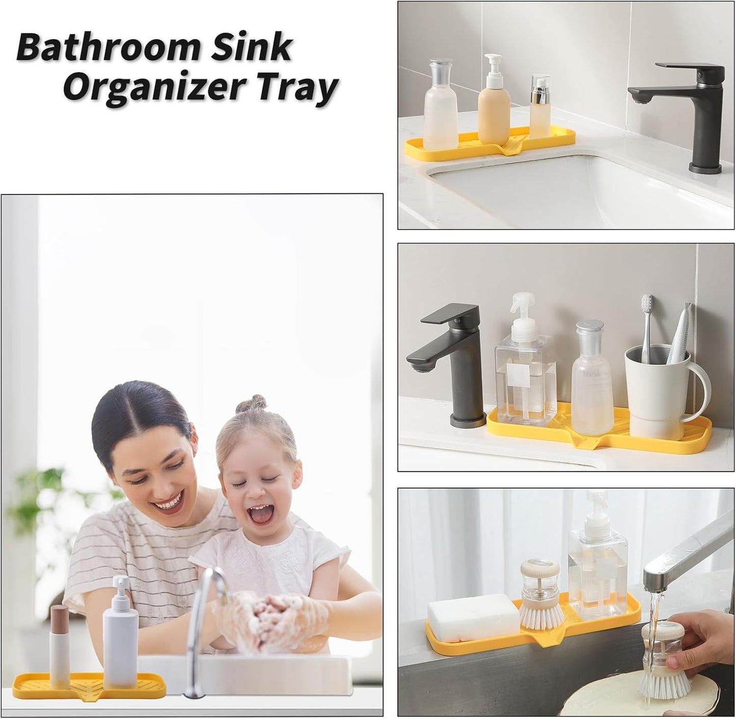 Silicone Bathroom Soap Dishes with Drain Spout-Bathroom and Kitchen Sink Organizer,Sponge Holder,Dish Soap Tray,Perfect for Dispenser,Scrubber,Bottle,Cup on Sink or Counter-Yellow 12"×4"