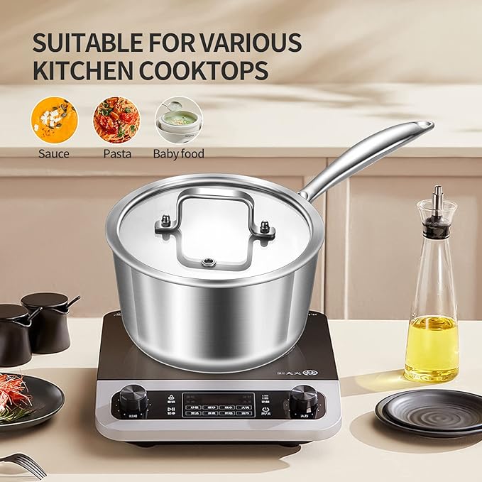 LOLYKITCH Tri-Ply Stainless Steel 2.5 QT Saucepan with Lid,Dia.18CM Induction Cooking Sauce Pot,Oven and Dishwasher Safe,Detachable Handle.