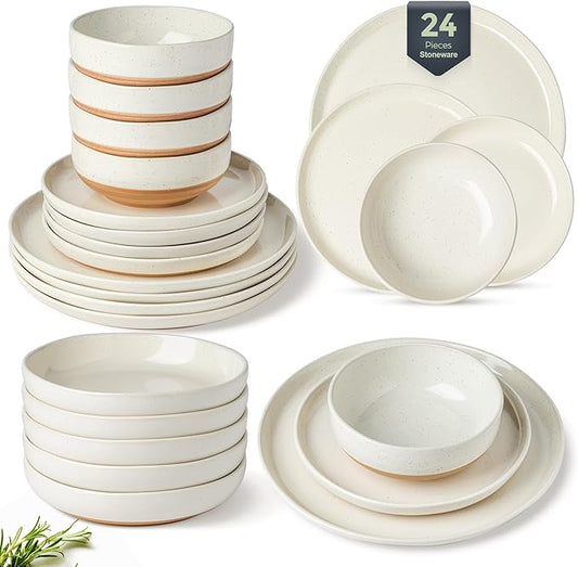 AmorArc Ceramic Dinnerware Sets with Pasta Bowls for 6, Handpainted Plates and Bowls Set with Rustic Terracotta Underside, Scratch Resistant Dishes Set, Dishwasher & Microwave Safe, 24 Pcs
