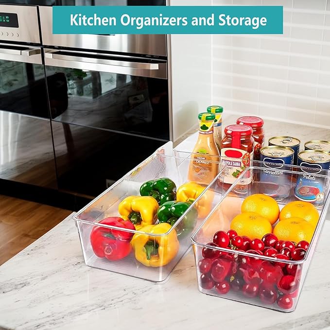 Set of 4 Clear Fridge Organizer Bins,2 Pack Stackable Refrigerator Organizer And 2 Pack Pantry Organizers and Storage with 3 Dividers,BPA-Free Spice Organization for Kitchen Cabinet