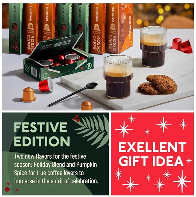 ROSSO CAFFE Espresso Coffee Pods for Nespresso Machines - Holiday Limited Edition - 80 Aluminium Capsules - Compatible with all Nespresso Original line Machines (Holiday Blend and Pumpkin Spice)