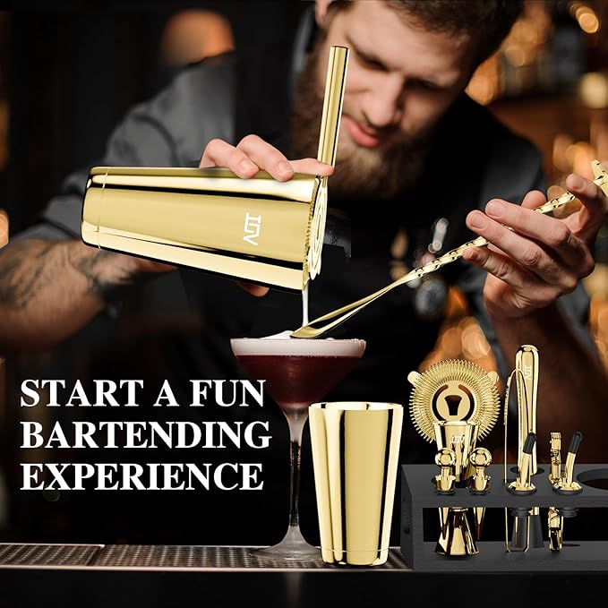 IOV Cocktail Shaker Set: 12-Piece Mixology Bartender Kit Bar Set | 18oz & 28oz Boston Shaker Drink Mixing Tools for Home with Recipe Booklet and Stand | Fun Housewarming Gift (Gold)