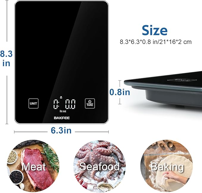 IP67 Waterproof Food Scale with Tempered Glass Surface, 22lb Kitchen Scale 1g Precision, USB Rechargeable, LED Display, Grams and Ounces, for Baking, Cooking, Making Sourdough Bread. Black