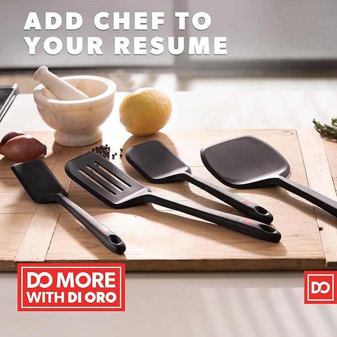 DI ORO Silicone Turner Spatula Set - Kitchen Spatulas for Nonstick Cookware - Cooking Utensils for Flipping Eggs & Pancakes - 600°F Heat-Resistant BPA Free Turners - Dishwasher Safe (4pc, Black)