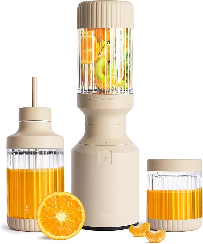The Beast Mini Blender Plus | Mini Countertop Kitchen Blender | Blend Smoothies and Shakes, Dressings, Sauces, Dips | Extra Vessels, Straw Cap and Straws Included | 600W (Sand)