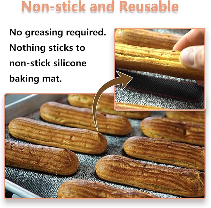 Perforated Silicone Baking Mats, 2 PCS Eclair Silicone Mat for Half Sheet with 12 Printed Oblong Eclair Guides, Non-Stick Reusable Oven Liners for Making Bread/Pizza/Pastry/Cookie 11-4/5" x 15-3/4"