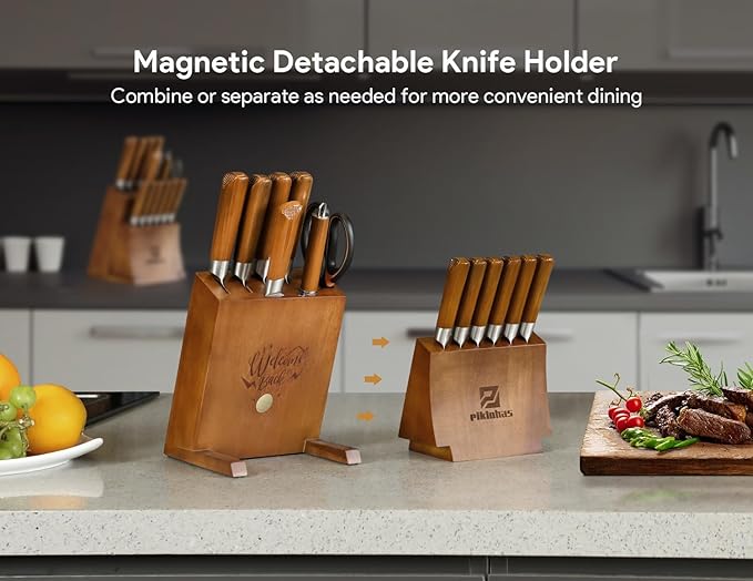 Kitchen Knife Sets With Block, Piklohas 15 Pieces Knife Sets With Magnetic Detachable Knife Holder, High Carbon Steel Damascus Pattern Chef Knife Set With Steak Knives, Ideal For House Warming Gift