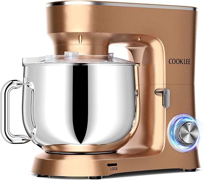 COOKLEE Stand Mixer, 9.5 Qt. 660W 10-Speed Electric Kitchen Mixer with Dishwasher-Safe Dough Hooks, Flat Beaters, Wire Whip & Pouring Shield Attachments for Most Home Cooks, Champagne