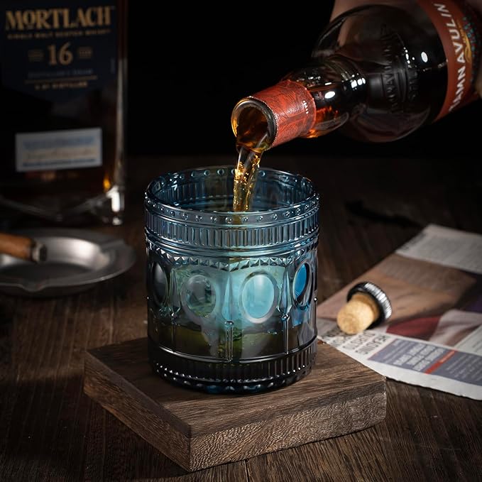 6-pack Vintage Drinking Glasses, Indian style,14 oz Large Modern Glass Tumbler, Embossed Patten Double Old Fashion Glass, Ripple Glassware (Cornflower Blue)