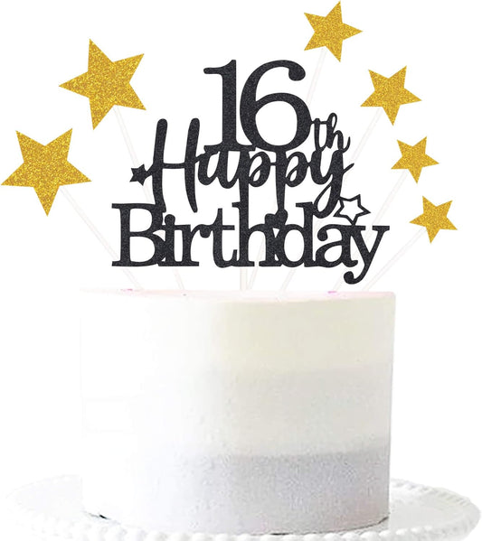 Glittery 16th Happy Birthday Cake Topper with Star,Personalised 16 Birthday Cake Toppers Party Decorations Party Supplies for Boys Girls Black Gold