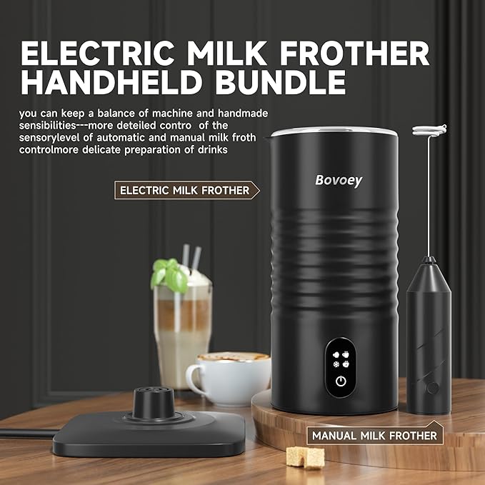 Electric Milk Frother Handheld Bundle,4 in 1 Automatic Milk Frother and Steamer Set,Cold Foam Maker Set for Hot Chocolate,Latte,Cappuccino and Macchiato (Black01)