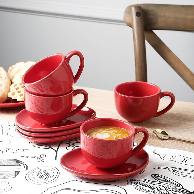 vicrays 6.5 oz Cappuccino Cups with Saucers, Set of 4, Ceramic Coffee Cup for Au Lait, Double shot, Latte, Cafe Mocha, Tea (Red)
