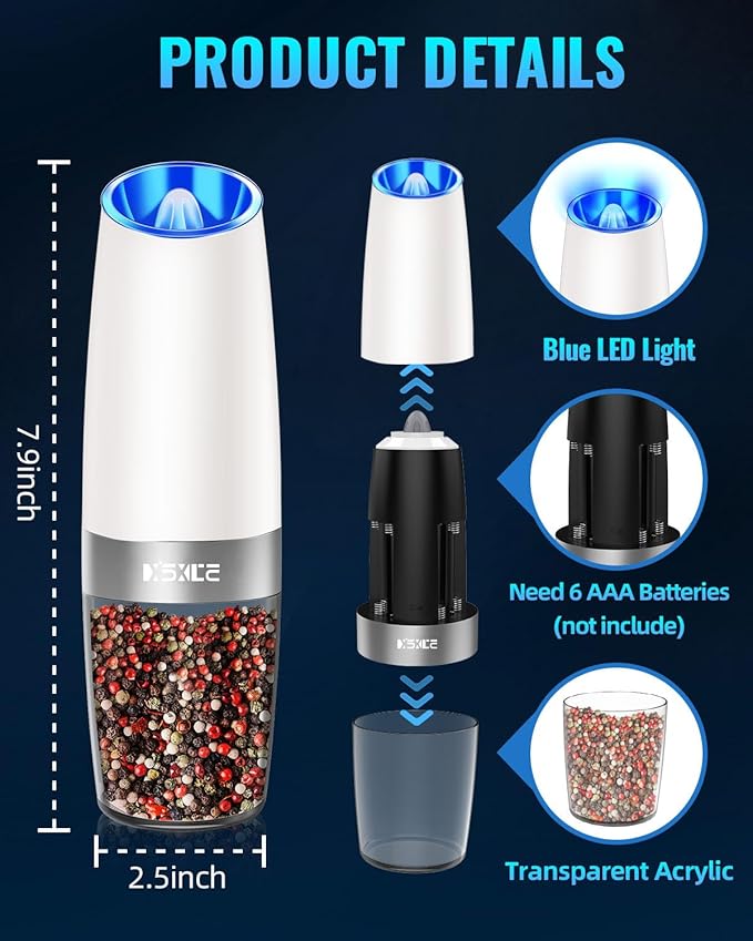XinXu Electric Pepper Grinder, Salt or Pepper Mill & Adjustable Coarseness, Battery Powered with LED Light, One Hand Automatic Operation (Set/Snow White)