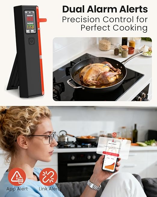 Wireless Bluetooth Smart Meat Thermometer with WiFi - High Accuracy ±0.5°F, Smart Base, 1 Probe with 6 Sensors, NIST Certified Accuracy, Long-Range for BBQ, Grill, Oven, Smoker, Rotisserie