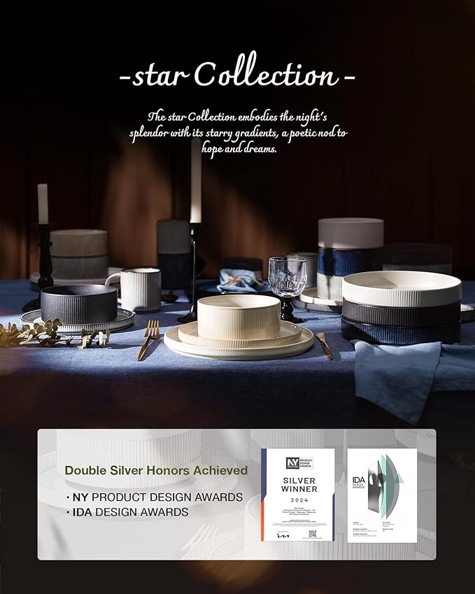 famiware Star Dinnerware Set, Plates and Bowls Sets for 4 (12pcs), Ribbed Stoneware Dishes - Chip & Scratch Resistant, Microwave & Dishwasher Safe Tableware, White