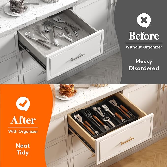 Lifewit Cooking Utensil Drawer Organizer, Expandable from 11 to 18 inches, Adjustable Cutlery Silverware Tray, Plastic Flatware Spatula Holder, Kitchen Tools Gadgets Storage Divider, Black