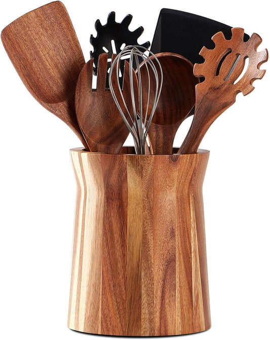 Wooden Utensil Holder for Countertop, 360° Rotating Kitchen Utensil Holder, 7.2"x 6" Large Acacia Wood Crock, Farmhouse Kitchen Decor