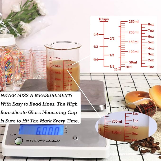 High Borosilicate Glass Measuring Cup Set-V-Shaped Spout，Includes 250ml(8OZ), 500ml(16OZ), and 1000ml(32OZ) Glass Measuring Beaker for Kitchen or Restaurant, Easy to Read