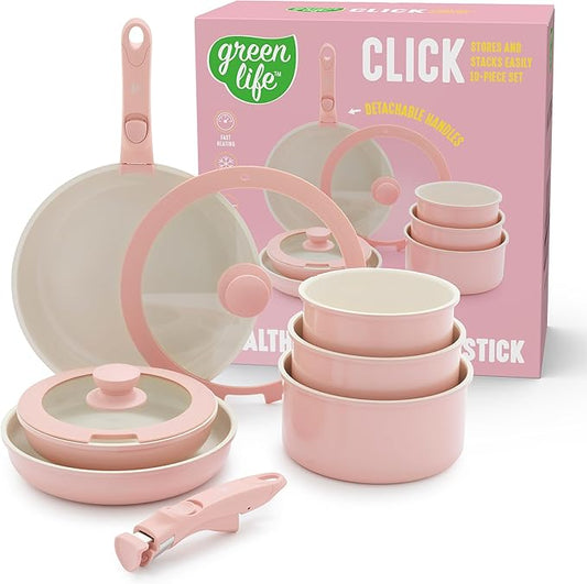 GreenLife 10 Piece Nonstick Pots & Pans Set, Detachable Handle & Stackable Cookware Set, Non Toxic PFAS-Free Skillets, Induction Kitchen Pans, Space Saving, Serving Bowls, Oven Safe, Light Pink