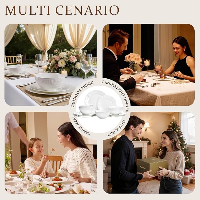 KINGSTONE Bone China Dinnerware Set, 18-Piece White Lightweight Porcelain with Textured Design Service for 6, Plates, Bowls, for Family Dining, Restaurants, Gifting，Microwave and Dishwasher Safe