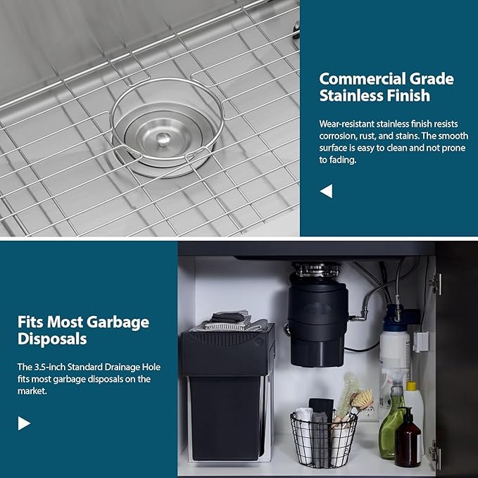 33 Inch Undermount Kitchen Sink 33x19 Stainless Steel 16 Gauge Single Bowl Kitchen Sink with Round Corners Under Mount 33x19x9 Inch