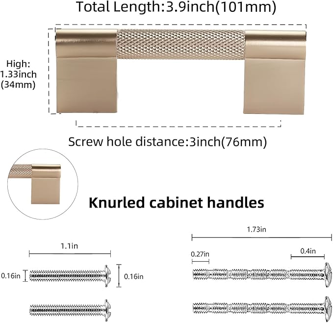 10 Pack 3 inch(76mm) Champagne Copper Kitchen Cabinet Handles Knurled Cabinet Pulls Gold Drawer Pulls Kitchen Hardware