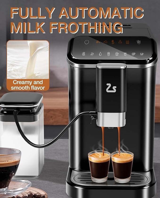 Fully Automatic Espresso Machine with Self-Cleaning Function, Brewing System and Automatic Milk Frothing System, 6 One-Touch Programs, 1.5L Detachable Water Tank for Home/Office Use, Black