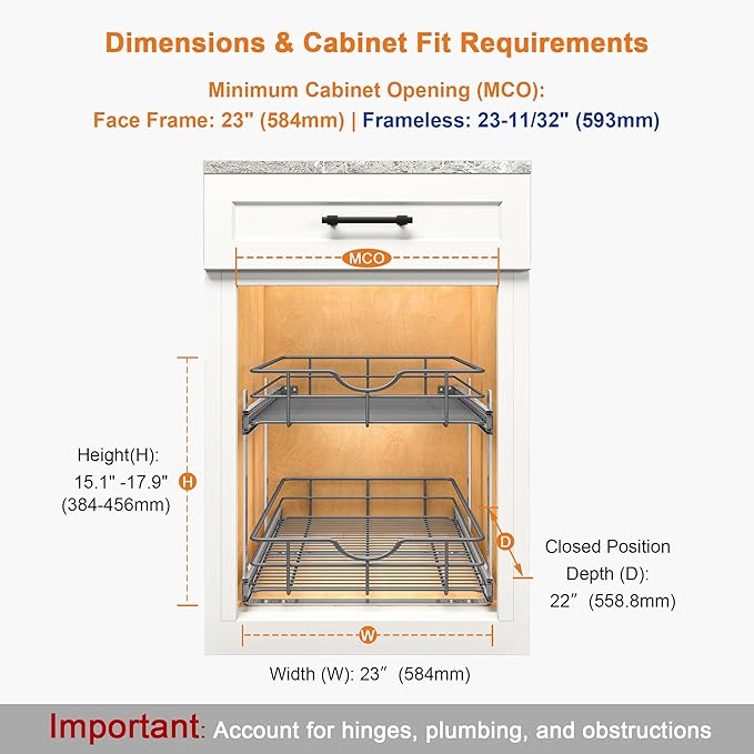 ALINE FURNITURE 2-Tier Pull Out Cabinet Organizer - 23" W x 22" D Soft Close Pullout Shelves with Shelf Liners - Slide Out Drawers for Kitchen Cabinets, Pantry, Bathroom, Heavy Duty Steel Wire Baskets