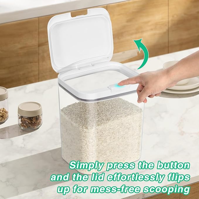 Rice Storage Container - 5.8 Qt | 11 Lbs Crystal-Clear Plastic Food Storage Container Bin with Pop-up Lid for Rice Flour Sugar, Dry Food Holder for Kitchen Pantry Organization and Storage